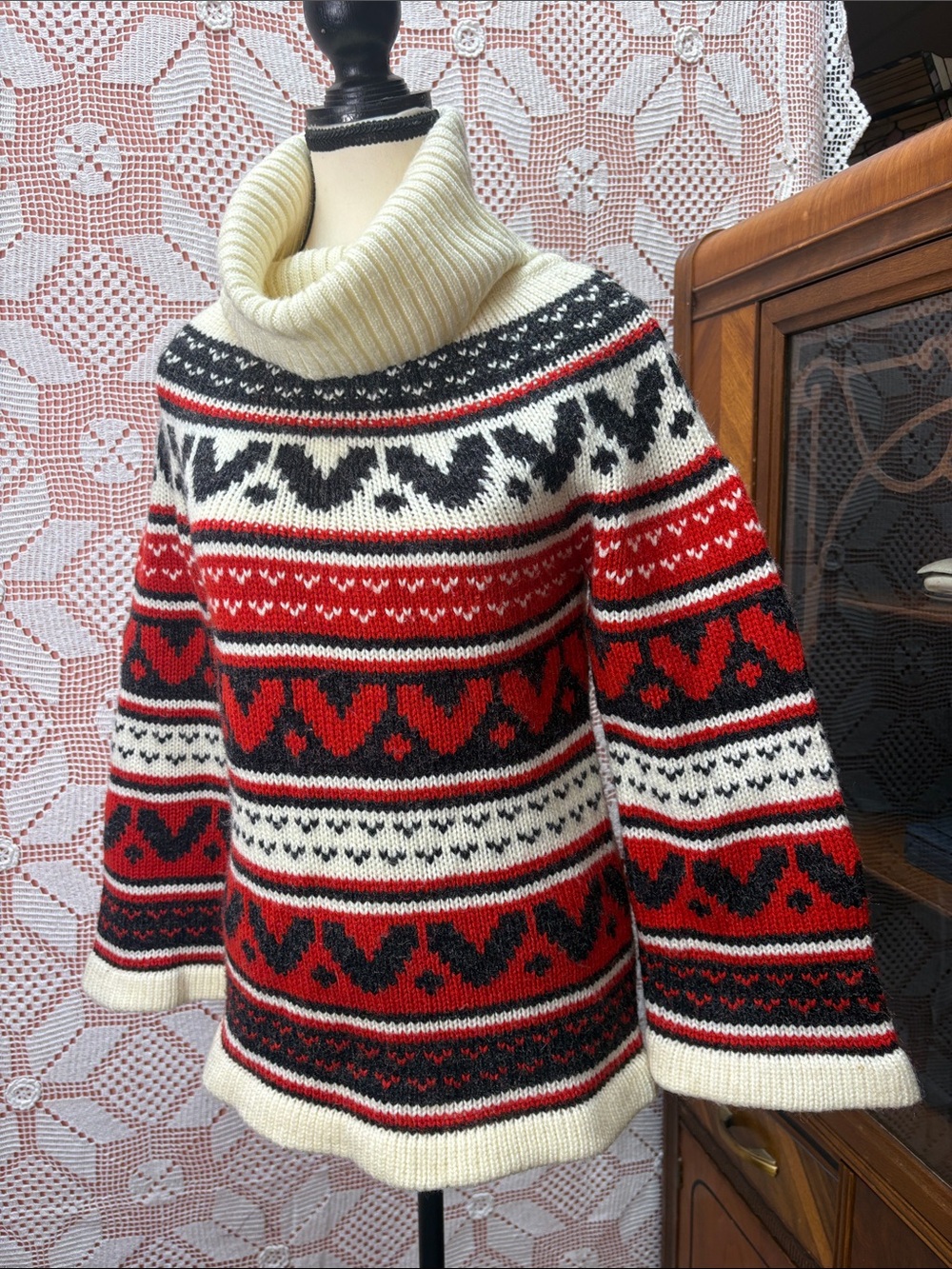 Vintage Fair Isle Cowl Neck Sweater Red Black Cream Acrylic - Picture 9 of 11